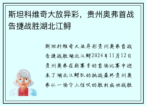 斯坦科维奇大放异彩，贵州奥弗首战告捷战胜湖北江鲟